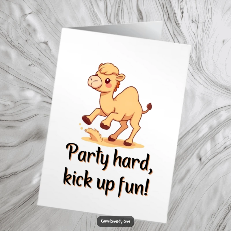 Funny Free Printable Birthday Card: A joyful Kawaii camel kicking sand playfully with its back legs, celebrating.