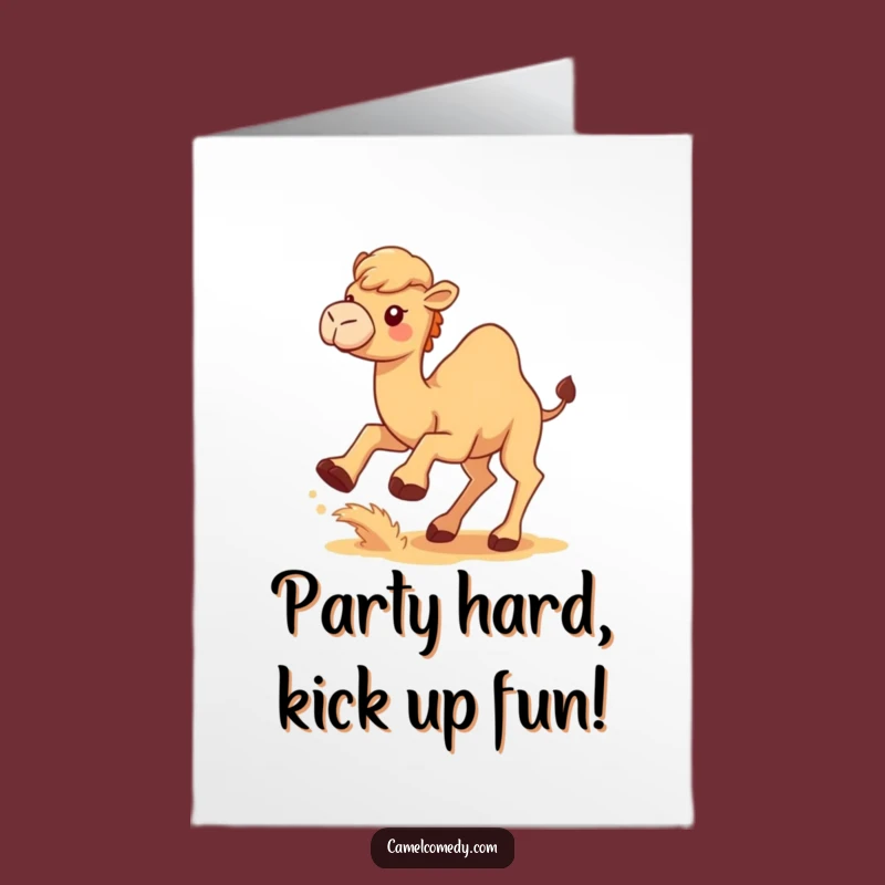 Free Printable Birthday Card: Funny Kawaii Camel Kicking Sand Greeting, Humorous Downloadable Gift
