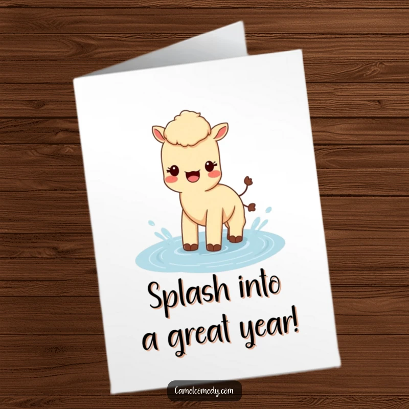 Funny Free Printable Birthday Card: A happy Kawaii camel joyfully splashing water in a small puddle, celebrating.