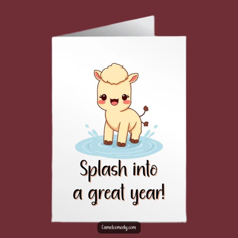 Free Printable Birthday Card: Funny Kawaii Camel Splashing, Joyful Greeting, Humorous Downloadable Gift