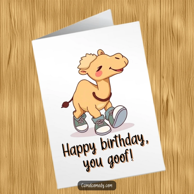 Funny Free Printable Birthday Card: A giggling camel comically tripping over its enormous, floppy shoes.