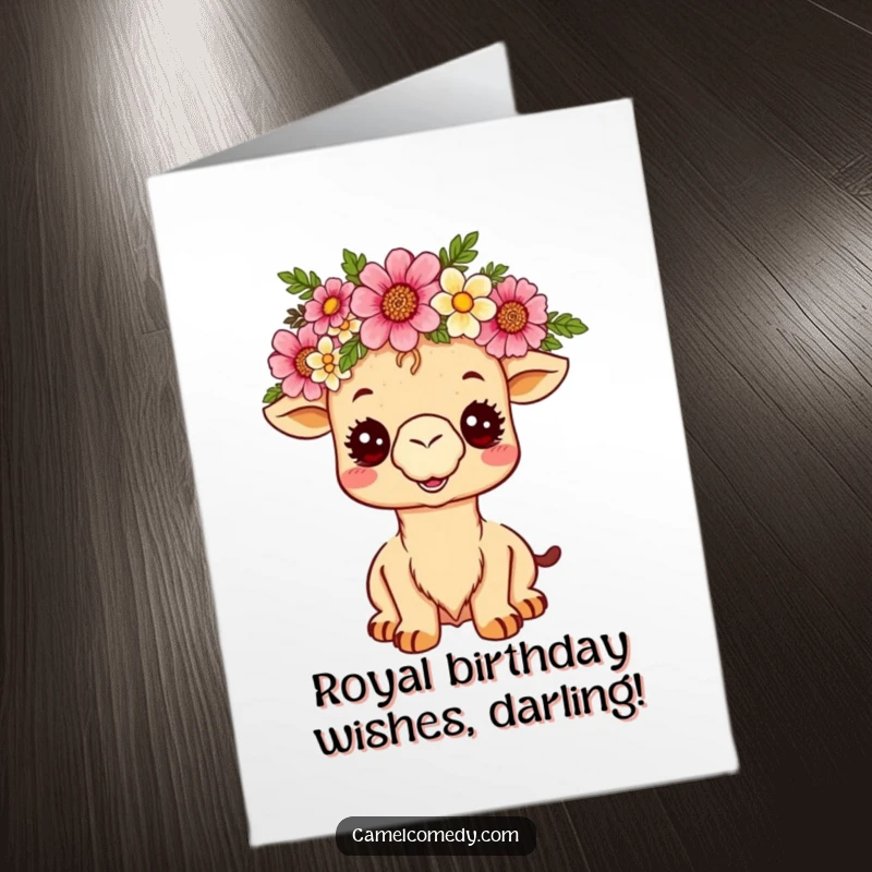 Funny free printable birthday card: A kawaii camel with a desert flower crown beams with joy, ready for a royal celebration.