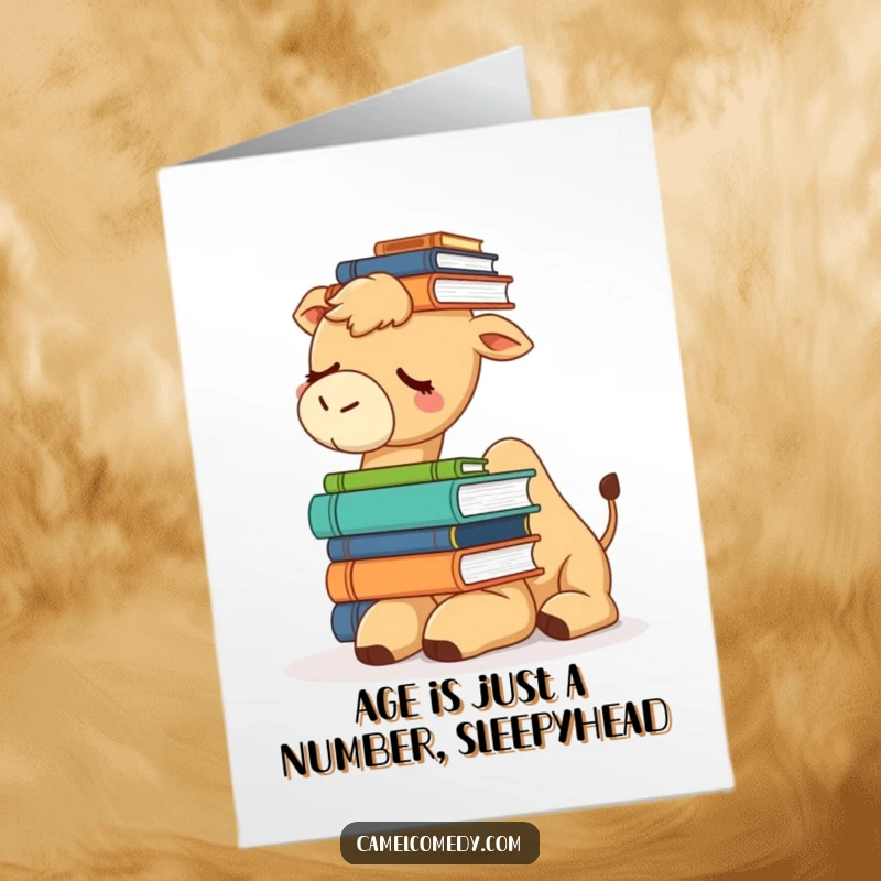 Funny Free Printable Birthday Card: A sleepy camel struggling to balance a tall stack of books on its head.