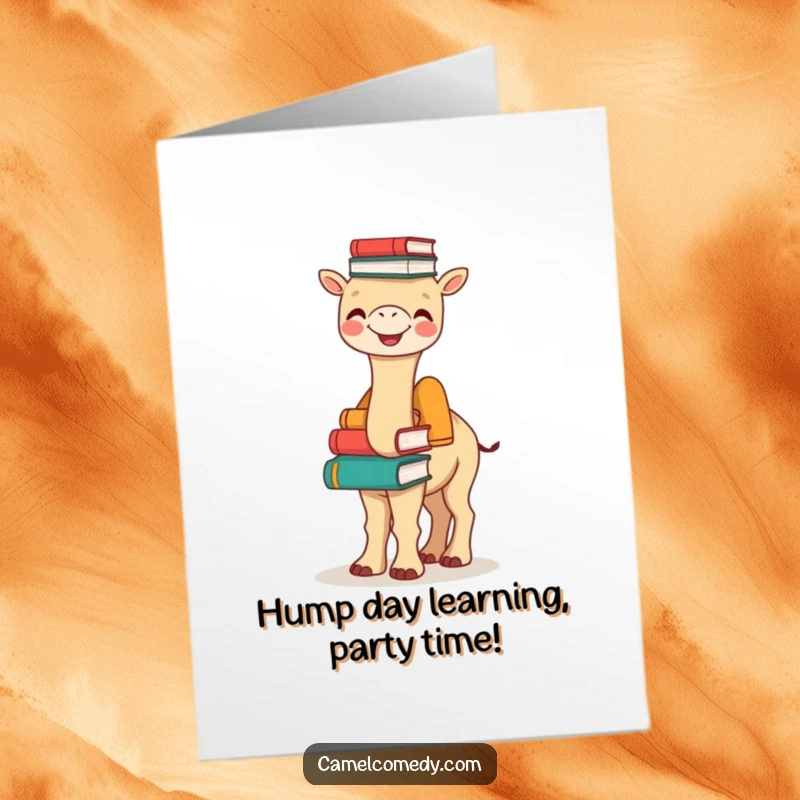 Funny Free Printable Birthday Card: A joyful camel balances a tall stack of books on its hump, celebrating wisdom.