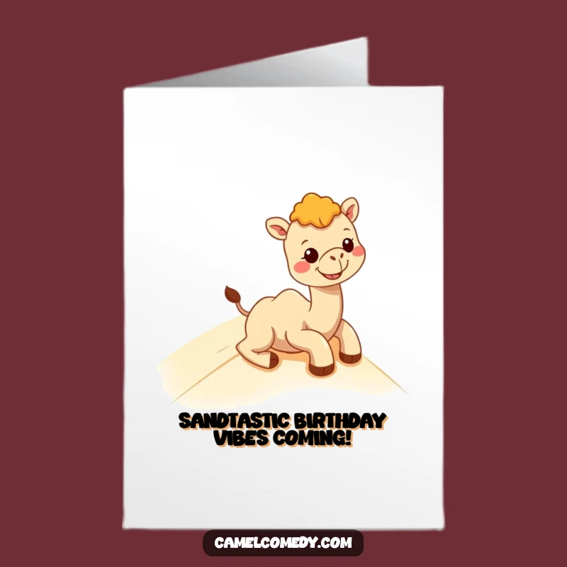 Funny Free Printable Birthday Card: Kawaii Camel Sliding Grinning Down Dune Downloadable Gift