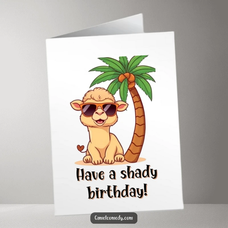 Funny Free Printable Birthday Card: A kawaii camel sporting sunglasses peeks playfully from behind a tropical palm tree.