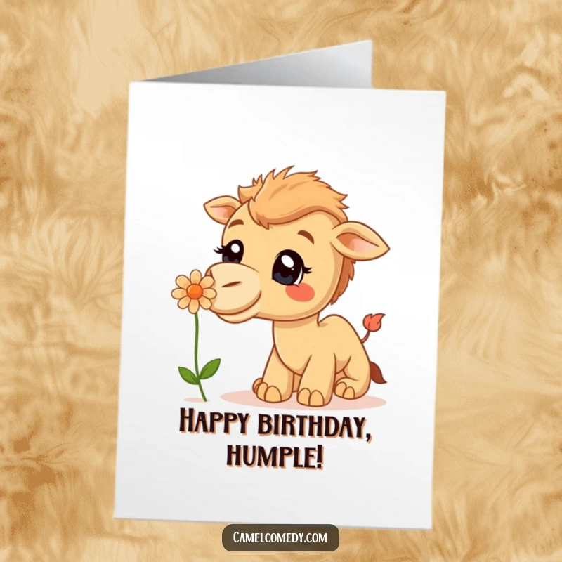 Free Printable Birthday Card: A curious camel with a huge smile gently sniffs a colorful flower, radiating happiness.