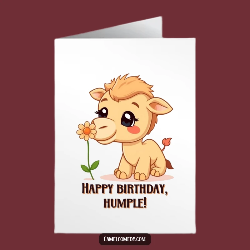 Free Printable Smiling Camel Birthday Card: Flower Sniff Downloadable Fun