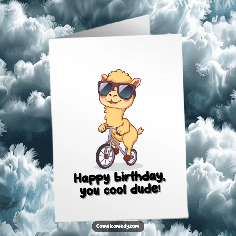Funny Free Printable Birthday Card: Kawaii camel in oversized sunglasses joyfully rides a tiny unicycle, celebrating.
