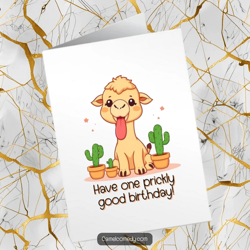 Funny free printable birthday card showing a camel with its tongue out, humorously juggling three small, spiky cacti.