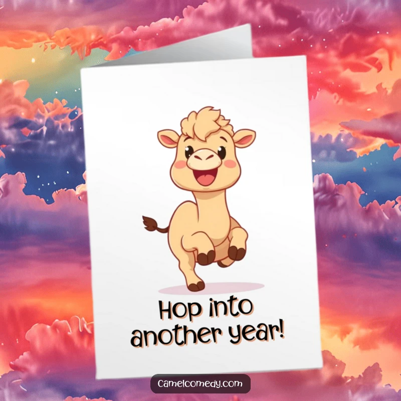 Funny Free Printable Birthday Card: Camel with a huge, happy grin performing a silly, joyful hop.
