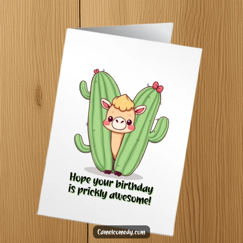 Funny Free Printable Birthday Card: A cute kawaii camel peeks out from behind a large, grinning cactus, full of mischief.