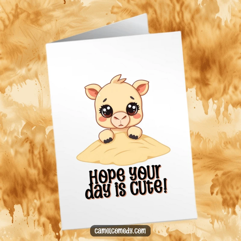 Funny Free Printable Birthday Card: A kawaii camel with big eyes curiously peeks over a sandy dune, wishing happy birthday.