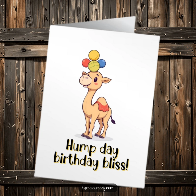 Funny Free Printable Birthday Card: Cheerful camel with a smile juggling colorful balls on its hump.