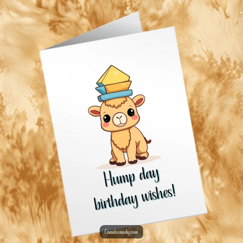 Funny Free Printable Birthday Card: A Kawaii camel precariously balances geometric shapes on its head, smiling.
