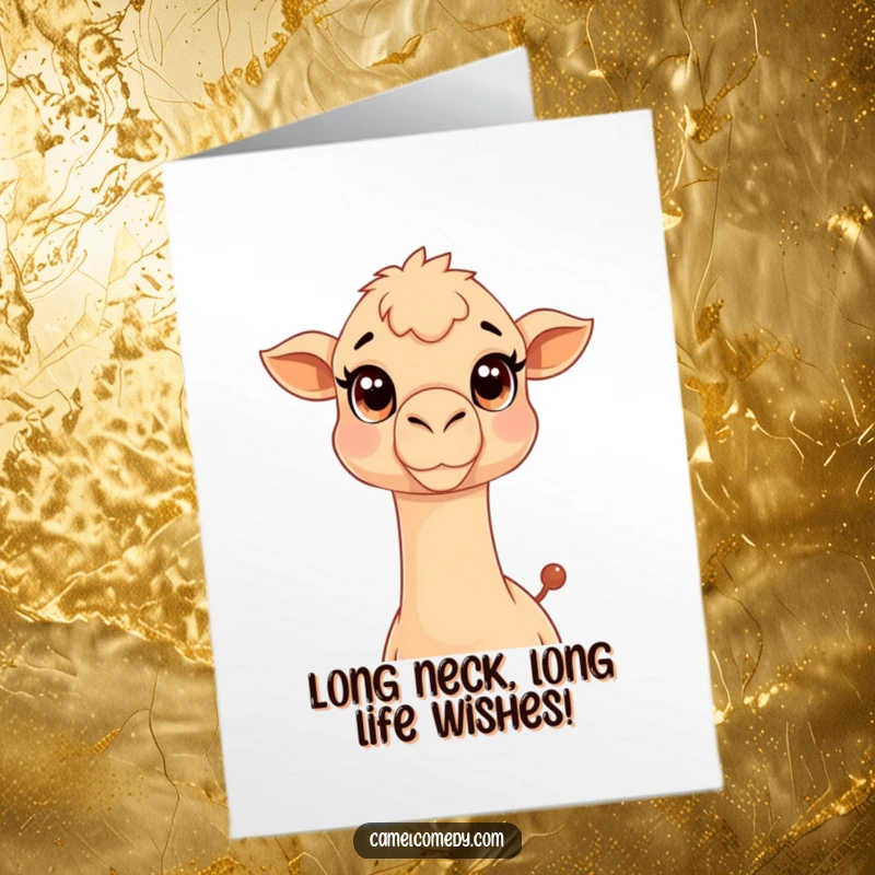 Funny Free Printable Birthday Card featuring a Kawaii camel with a super long neck stretching out, looking friendly and comical.