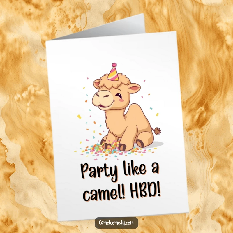 Funny free printable birthday card of a giggling camel in a party hat, spilling confetti everywhere.