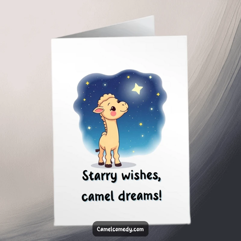 Funny Free Printable Birthday Card: Whimsical camel gazing up at a vast, starry night sky with awe.