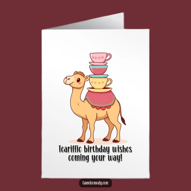 Free Printable Birthday Card: Kawaii Camel Teacup Tower, Funny Downloadable Gift