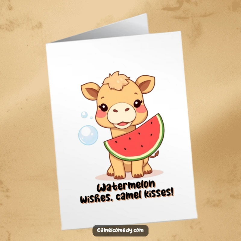 Funny Free Printable Birthday Card: Camel joyfully blows a giant watermelon bubble, suggesting a sweet and quirky celebration.
