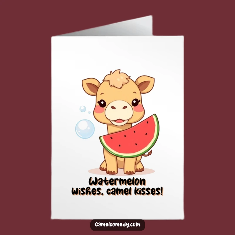 Free Printable Birthday Card: Funny Camel Blowing Watermelon Bubble Surprise Gift