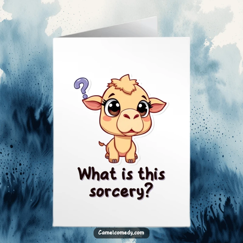 Funny Free Printable Birthday Card featuring a shocked camel with huge eyes, pondering a floating question mark in disbelief.