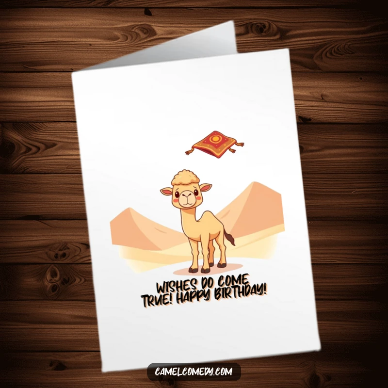 Funny Free Printable Birthday Card: A cute kawaii camel looks astonished as a magical flying carpet appears in the desert.
