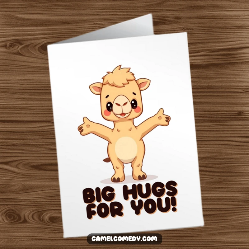 Funny Free Printable Congratulations Card: A camel extends its arms, inviting a celebratory hug for your big win.