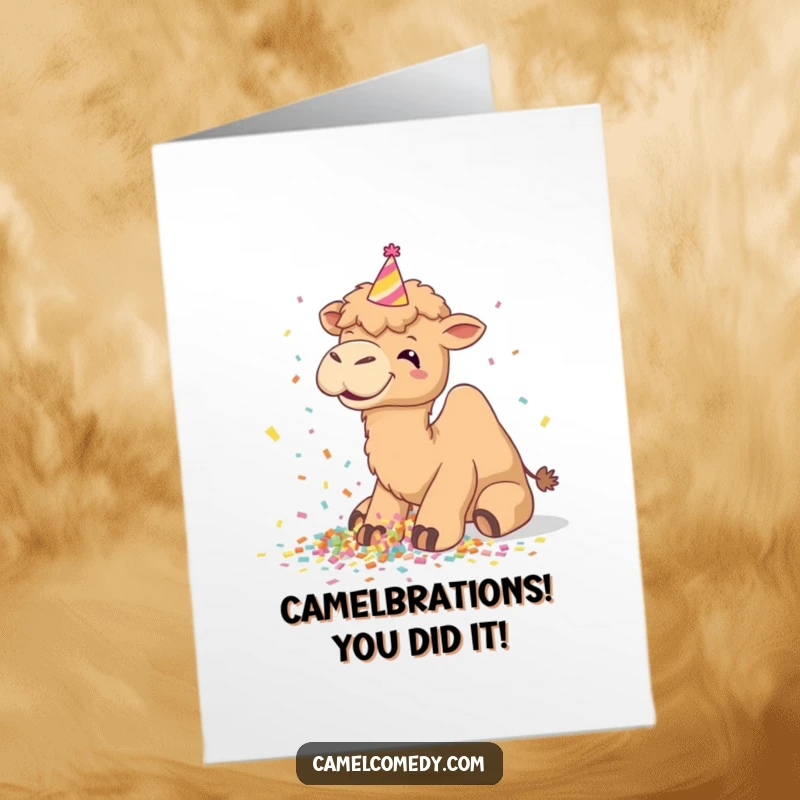 Free printable congratulations card of a giggling camel wearing a party hat and spilling confetti.