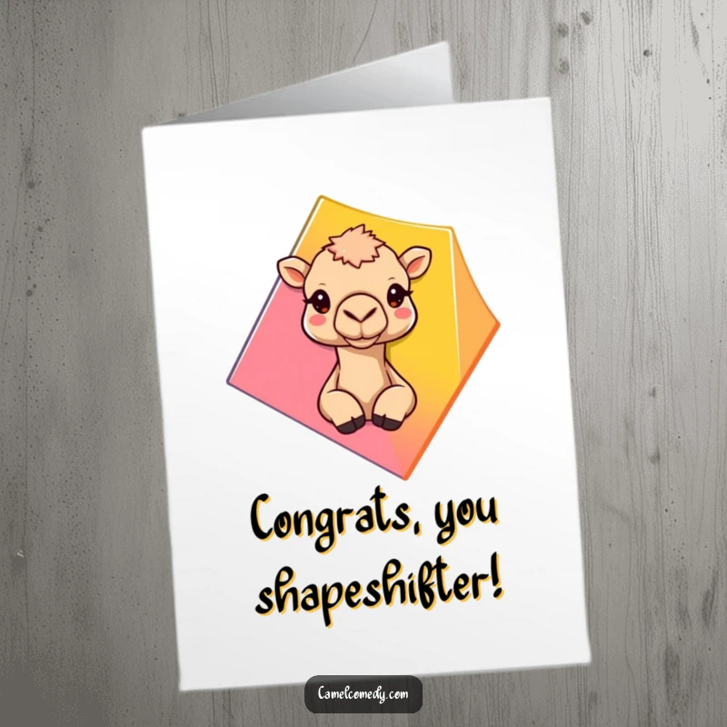 Funny Free Printable Congratulations Card: Camel curiously peeking from behind a colorful shape, adding humor.