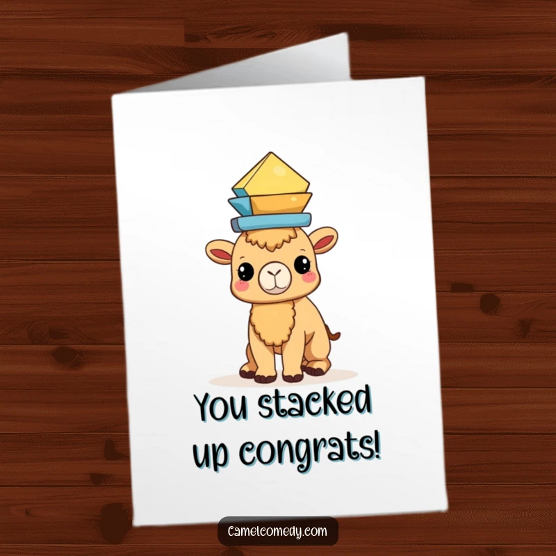 Funny Free Printable Congratulations Card: A Kawaii camel triumphantly balances shapes, celebrating your amazing skills.