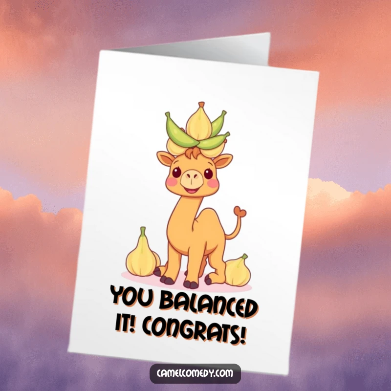 Free Printable Congratulations Card: Amusing camel with a huge smile balancing a precarious tower of gourds.