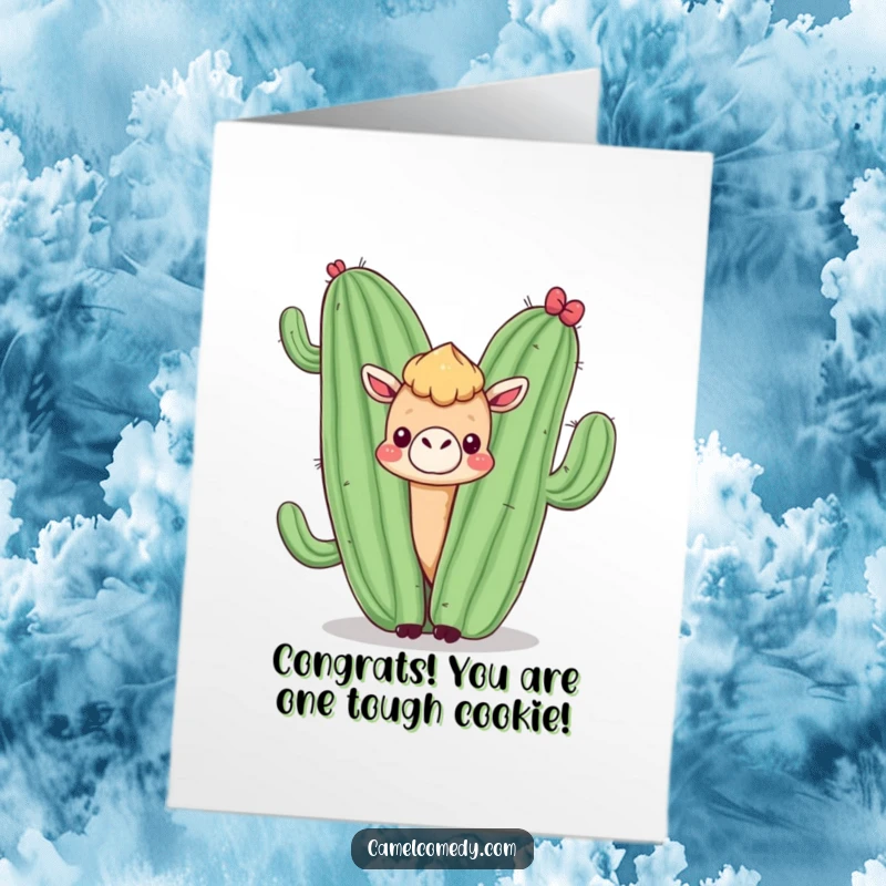 Funny Free Printable Congrats Card: A kawaii camel peeks shyly from behind a giant, smiling cactus, celebrating success.