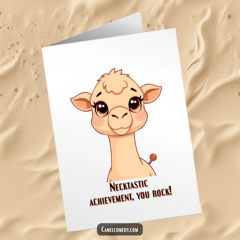 Funny Free Printable Congratulations Card: A Kawaii camel with an extra-long neck reaching out, conveying cheerful congratulations.