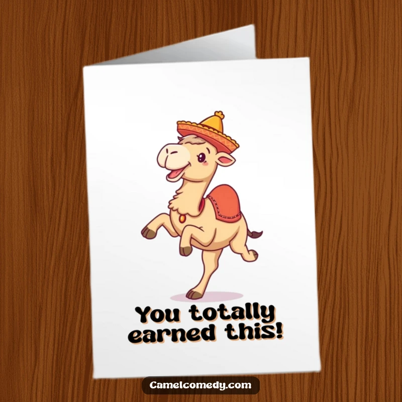 Funny free printable congratulations card featuring a sombrero-wearing camel joyfully kicking its legs with excitement.