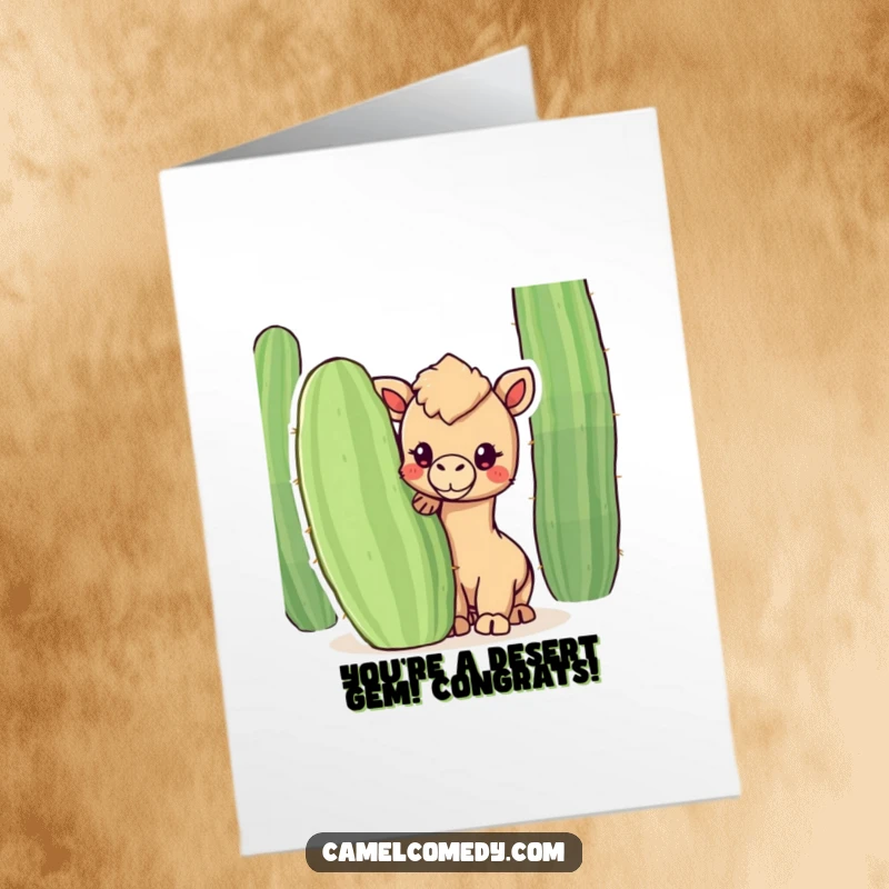 Funny Free Printable Congratulations Card: A kawaii camel peeks from behind a large cactus, offering a friendly hello.