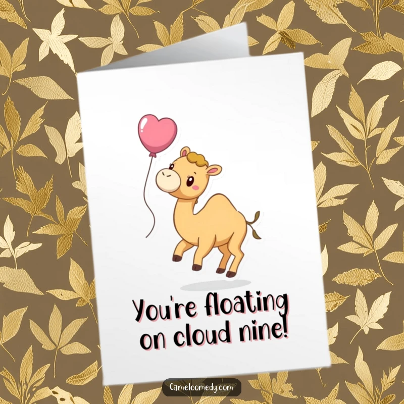 Funny Free Printable Congratulations Card: A happy camel with a balloon on its tail, looking ready to float upwards.