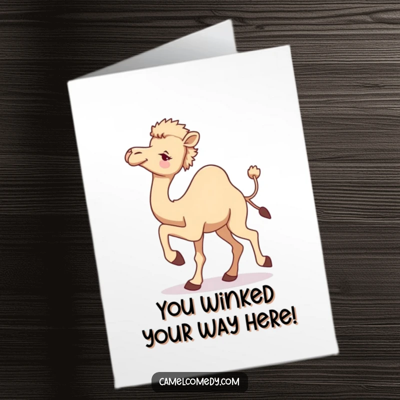 Free Printable Congratulations Card: A camel leaping, one leg high, giving a playful wink over its shoulder.