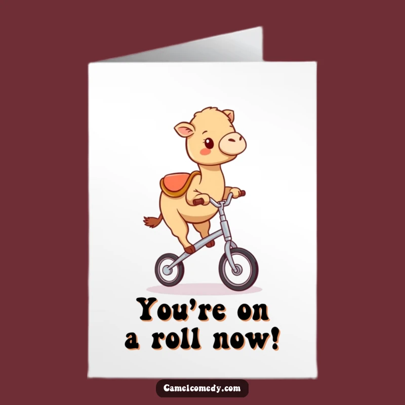 Free Printable Congrats Card: Wobbly Kawaii Camel Unicycle, Funny Downloadable Gift for Success