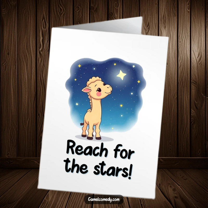Funny Free Printable Congratulations Card: A camel marvels at a sparkling starry night sky, symbolizing big achievements.