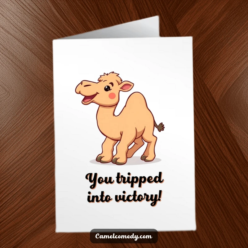 Funny Free Printable Congratulations Card: Amused camel tripping comically, celebrating milestones with humor.
