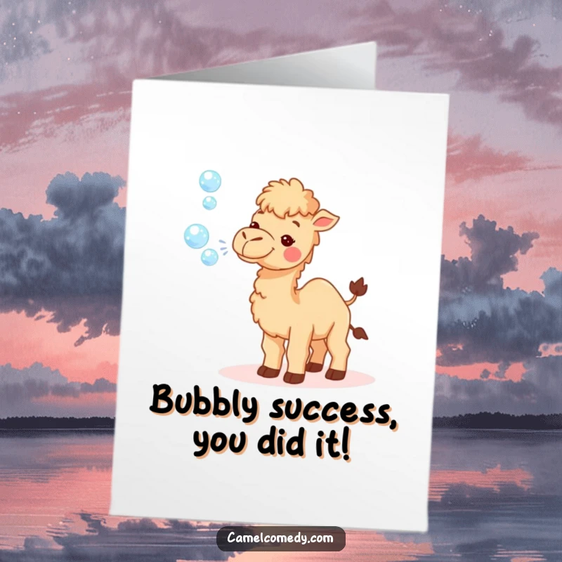 Funny Free Printable Congratulations Card: A tiny, happy camel creates a cascade of sparkling bubbles for congratulations.