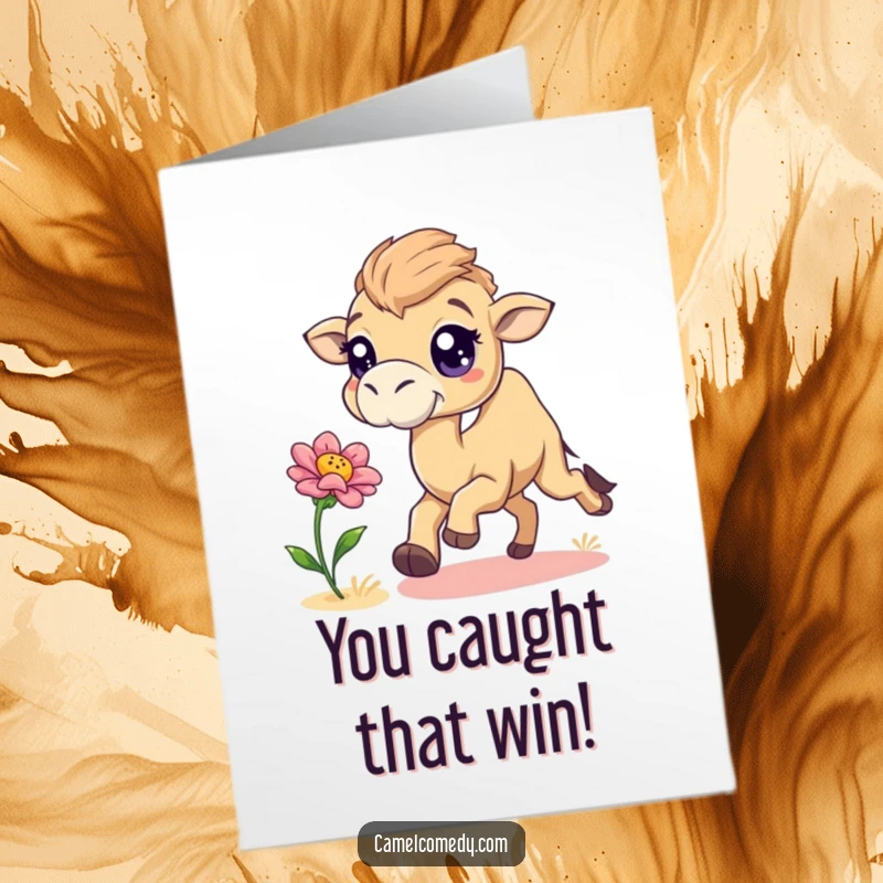 Funny Free Printable Congratulations Card: Playful camel with bright eyes chasing a desert flower, full of delight.