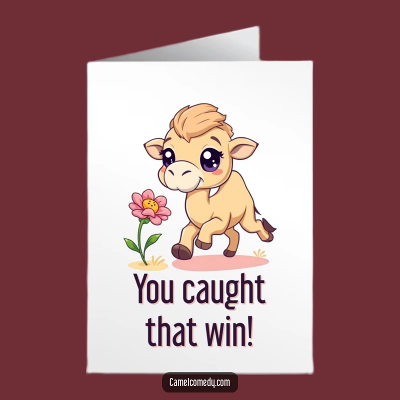 Free Printable Congratulations Card: Playful Camel Flower Chase, Great Downloadable Humorous Gift