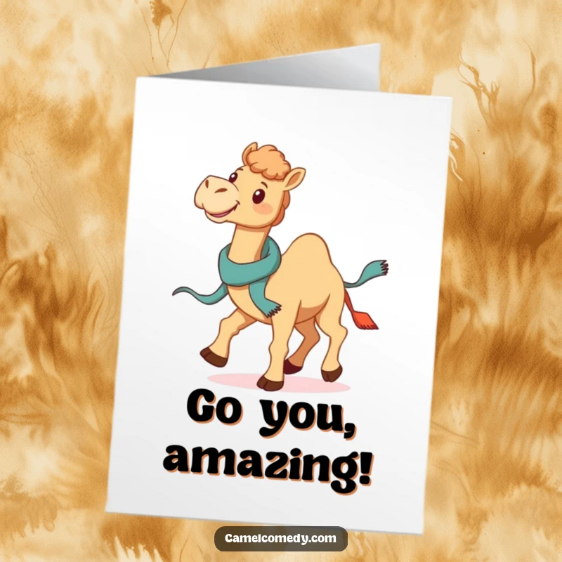 Funny Free Printable Congratulations Card: A smiling camel gallops with a jaunty scarf, celebrating a huge victory.