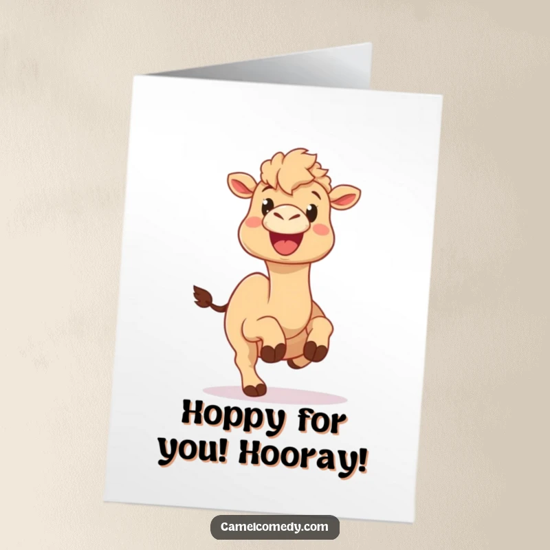 Free Printable Congratulations Card: A camel joyfully hopping with a big smile, radiating pure delight.