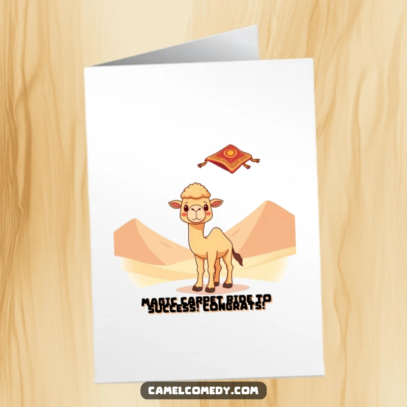 Funny Free Printable Congratulations Card: A kawaii camel on desert dunes reacts with surprise to an unexpected flying carpet.