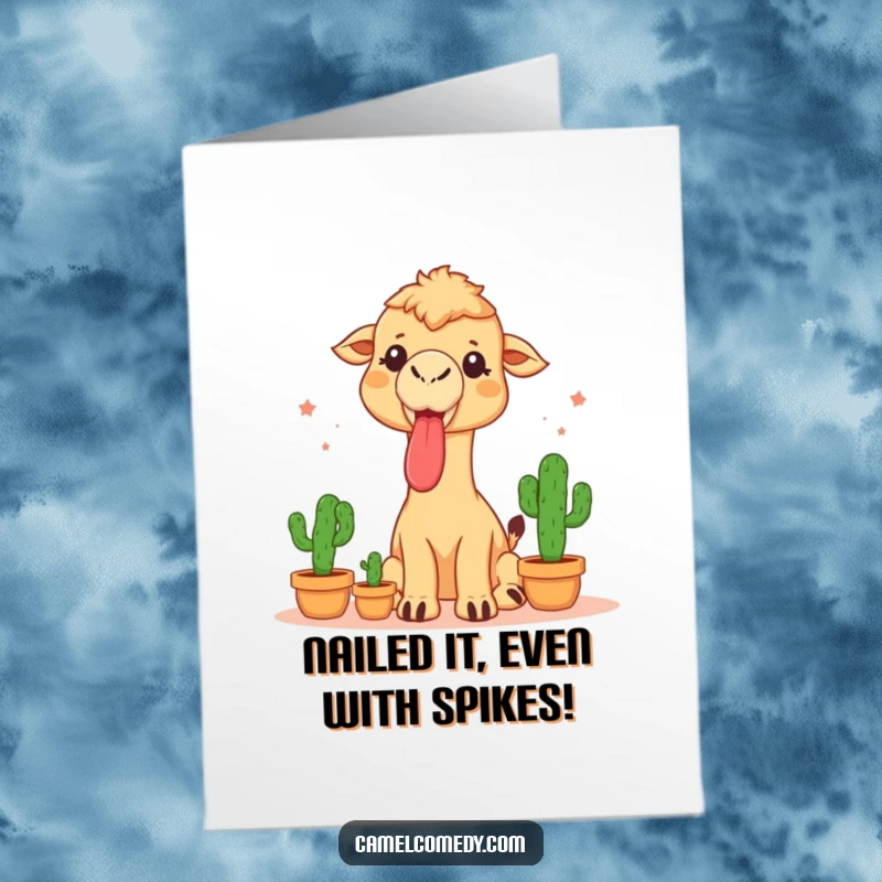 Funny free printable congratulations card of a camel with its tongue sticking out, juggling prickly cacti with skill.