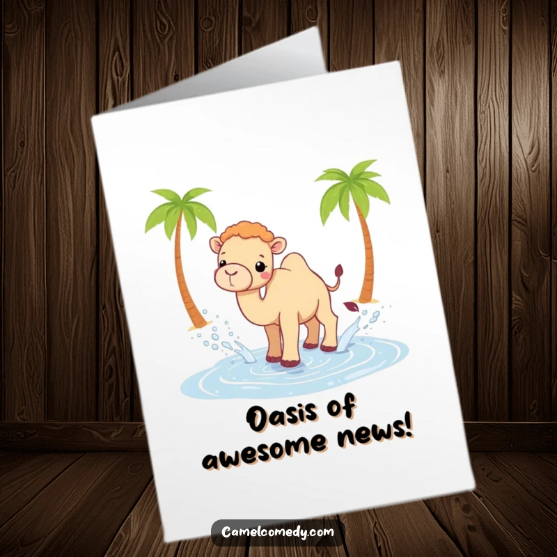 Funny Free Printable Congratulations Card: Kawaii camel gleefully splashing water from an oasis, celebrating success with a desert party.
