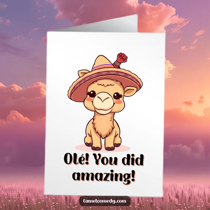 Funny Free Printable Congratulations Card: A camel with a small sombrero, giggling and tipping its hat.